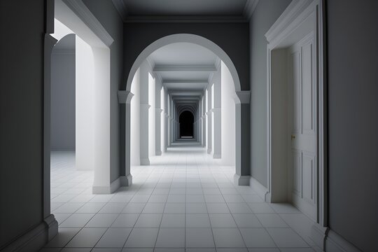Endless black and white corridor hall, ai generated