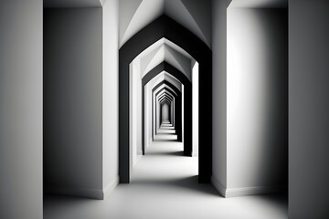 Endless black and white corridor hall, ai generated