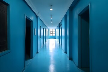 Endless blue and white corridor hall, ai generated
