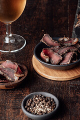 Biltong is a type of dried and cured meat that originated in Southern Africa, particularly in South Africa. It is a popular snack made from various types of meat, such as beef, game meat (such as veni