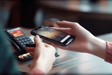 Customer using smartphone for payment at the store, cafe, restaurant. Cashless, contactless technology and money transfer concept