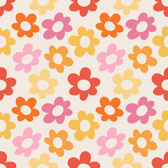 Seamless pattern with retro style pink, yellow, red and orange daisy flowers decoration on beige background - 612410271
