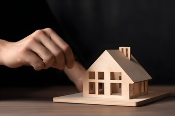 Hands with house toy, concept of bank credits or house insurance, ai generated