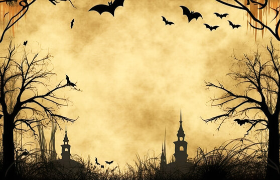 Halloween night landscape with bats copy space decoration. Greeting card, background or wallpaper. Halloween holiday concept. Generative AI.