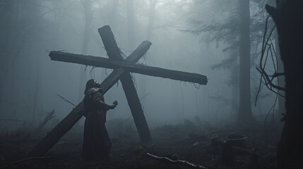 Paying under a wooden cross in the foggy day. Generative AI