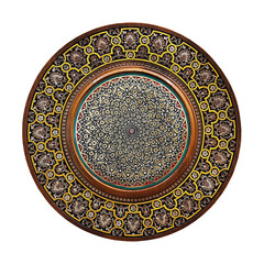 Arabic,oriental carved ornament on wooden round  plate, patterns. Souvenir plate on the white background.