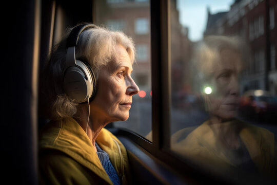 Sad Mature Woman In Headphones Looking Through The Window In The City, Generative AI