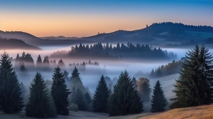 Obraz premium Rays of the morning sun breaking through the clouds and fog to the clearing of coniferous forests. Generative ai.