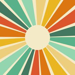 Let the sunshine in retro style illustration with colorful (orange, yellow, red, green) sun rays on pastel yellow background for summer lovers