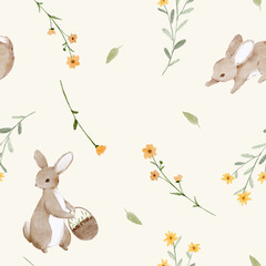 Watercolor seamless pattern with flowers and cute bunny - 612411074
