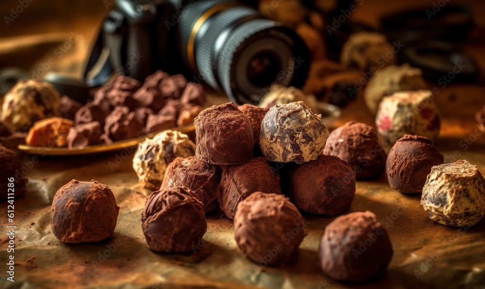 Poster a bunch of chocolates sitting on a table next to a camera. generative ai