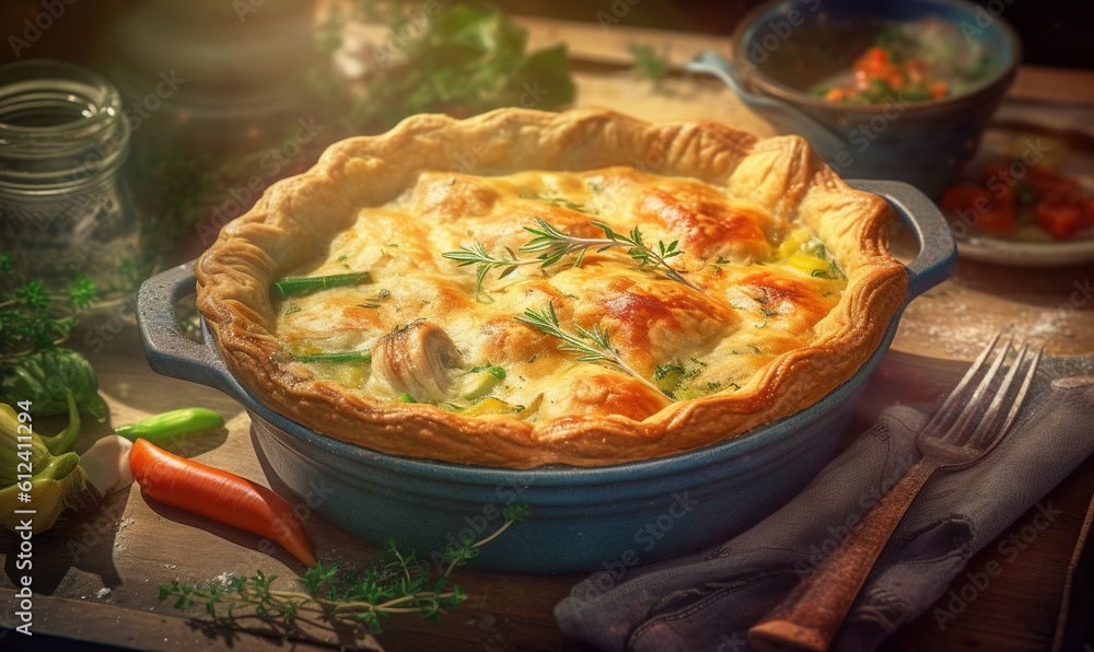 Poster a quiche with vegetables and a fork on a cutting board. generative ai
