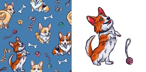set of cute corgi dogs and seamless pattern, hand drawn composition of patterns and accessories for domestic dogs. cute corgi dog
