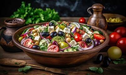 Fototapeta na wymiar a salad with olives, tomatoes, cucumbers, and feta cheese. generative ai