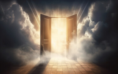 Open door in the white clouds with beam of light. Concept of heaven Generative AI