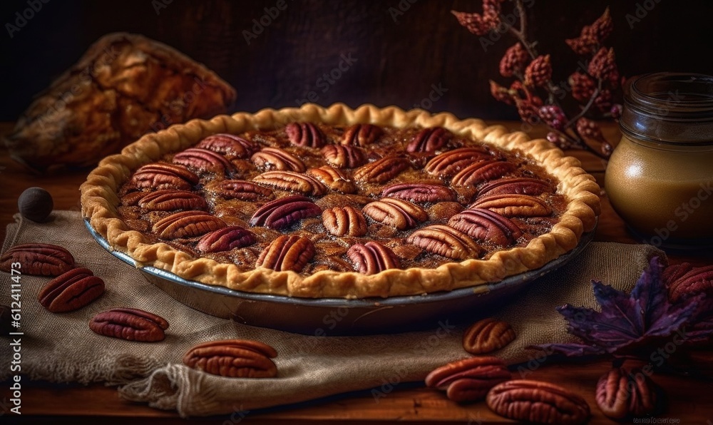 Poster a pie with pecans on a table next to a jar of peanut butter. generative ai