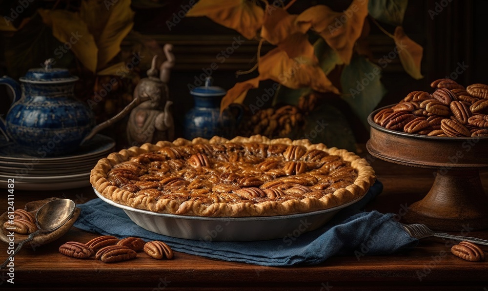 Aufkleber a pie sitting on top of a table next to a plate of pecans. generative ai