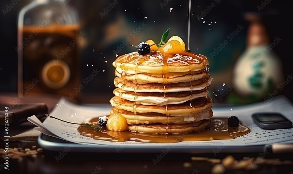 Poster a stack of pancakes on a plate with syrup and fruit. generative ai