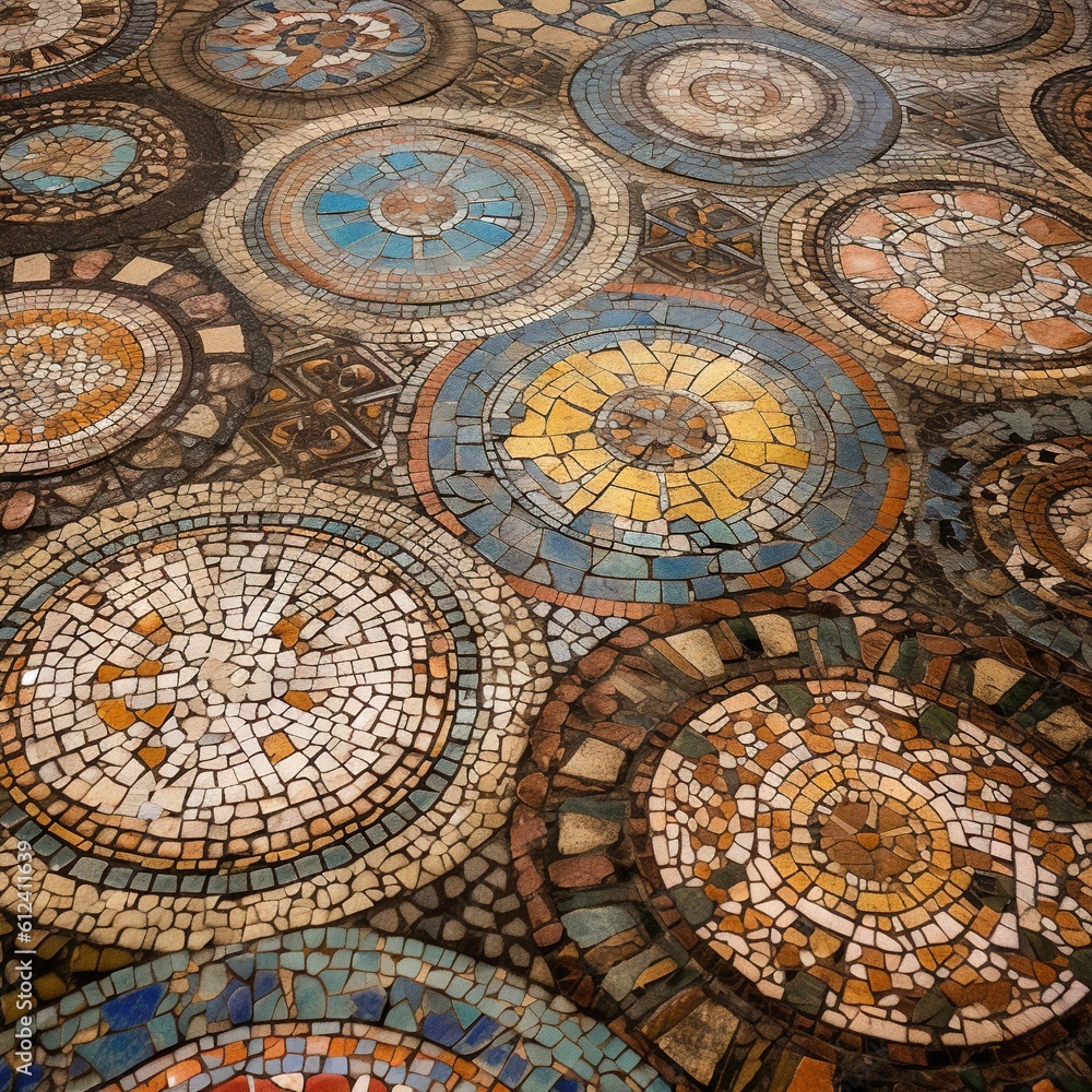 Poster a mosaic floor with many different colors and designs on it. generative ai