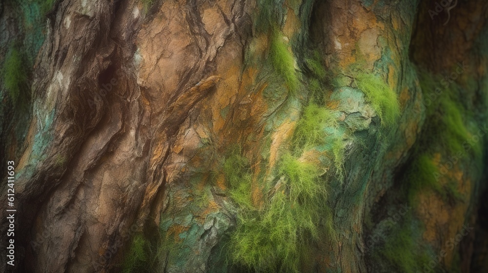 Poster a close up of a tree trunk with moss growing on it the tree trunk is a deep brown color and the moss