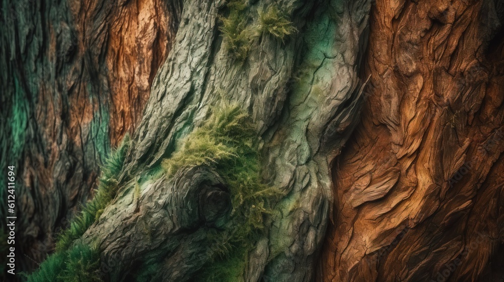 Poster a close up of a tree trunk with moss growing on it. generative ai