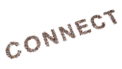 Concept conceptual large community of people forming the word CONNECT. 3d illustration metaphor for communication, technology, social media, network, global, future, business and marketing