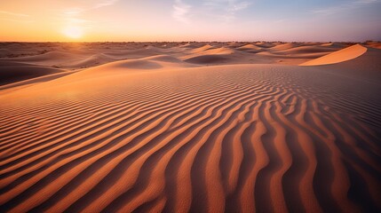 Fototapeta na wymiar the sun is setting over a desert landscape with sand dunes. generative ai