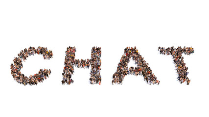 Concept or conceptual large community of people forming the word CHAT.  3d illustration metaphor for social media, online communication, friendship, community, connection and lifestyle