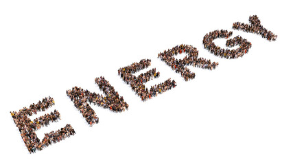 Concept or conceptual large community of people forming ENERGY word. 3d illustration metaphor for fossil fuel, technology, alternative,  renewable, sustainable, green and environment