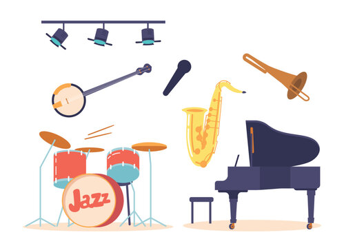 Musical Instruments For Playing Jazz Music Banjo, Piano, Saxophone, Trumpet, Drum Kit And Microphone With Spotlights