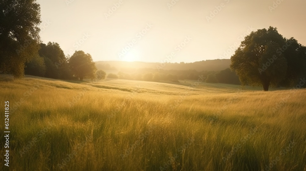 Poster a field of grass with trees in the background at sunset. generative ai
