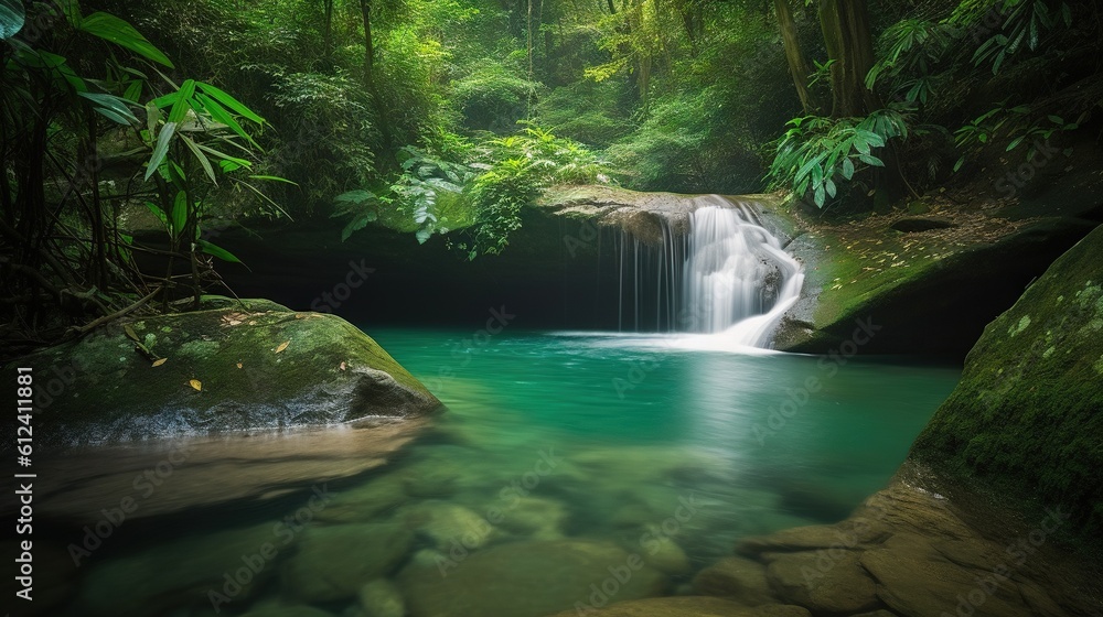 Aufkleber a small waterfall in the middle of a forest filled with trees. generative ai