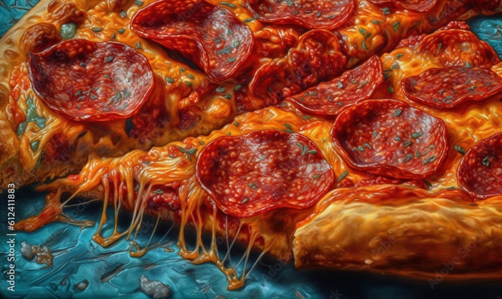 Poster a close up of a slice of pizza on a table. generative ai