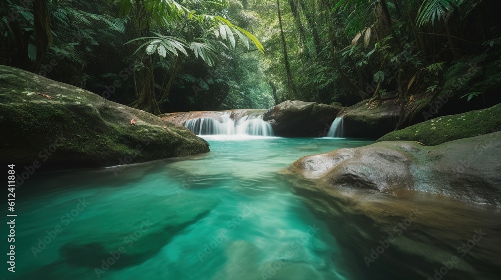 Poster a stream running through a lush green forest filled with rocks. generative ai