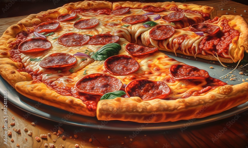 Poster a pizza with a slice missing from it on a plate. generative ai
