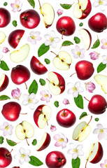 Sweet summer organic fruit. Pattern. Flying red fresh apples, apple flowers inflorescences, green leaves isolated on white background. With clipping path. Creative concept of food, harvest