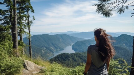 Naklejka premium Girl on mountain peak looking at beautiful mountain valley in fog in summer. Landscape with sporty young woman, foggy hills, forest, sky. Travel and tourism. Hiking. Generative aI.