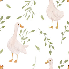 Watercolor seamless pattern with floral cute goose - obrazy, fototapety, plakaty