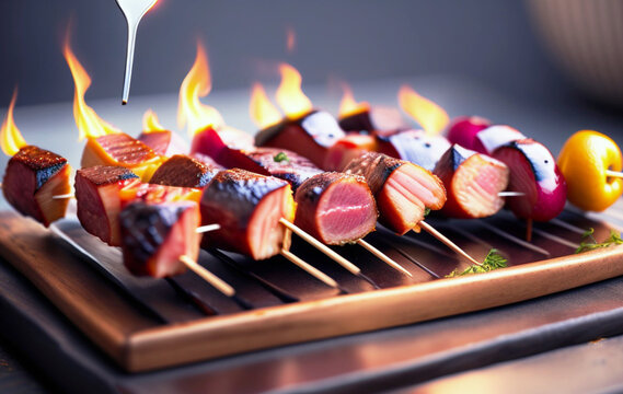 Sate or Skewered meat being grilled. Ai generated