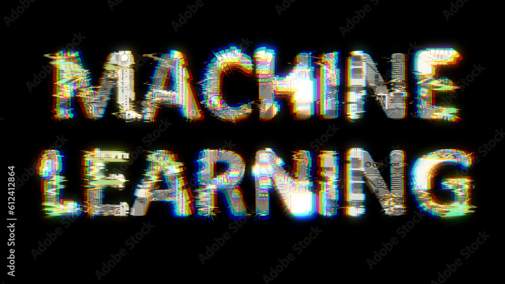 Poster glitch and chromatic aberrance cybernetical text machine learning on black, isolated - object 3d ill