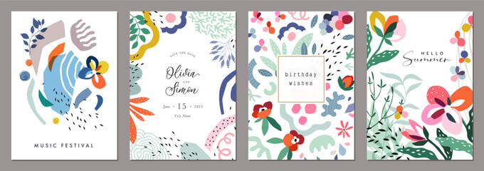 Creative universal art templates with abstract and floral elements. For poster, greeting and business card, invitation, banner, brochure, email header, post in social networks, events and page cover. - 612413039