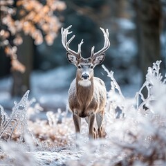 Winter Wonderland: Majestic White-Tailed Buck of Ice and Snow. Generative AI