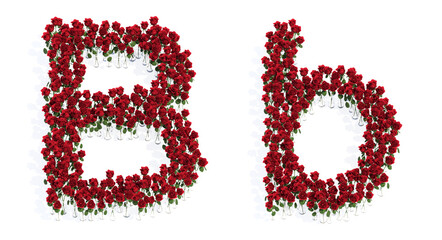 Concept or conceptual set of beautiful blooming red roses bouquets forming the font B. 3d illustration metaphor for education, design and decoration, romance and love, nature, spring or summer.
