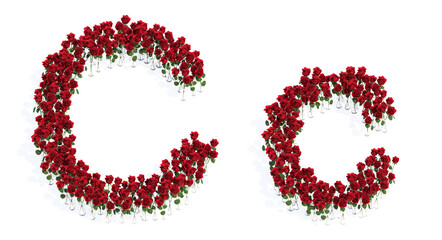 Concept or conceptual set of beautiful blooming red roses bouquets forming the font C. 3d illustration metaphor for education, design and decoration, romance and love, nature, spring or summer.