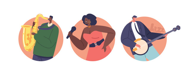 Isolated Round Icons or Avatars with Jazz Band Musicians with Saxophone and Banjo and Black Female Singer Character