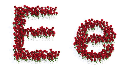 Concept or conceptual set of beautiful blooming red roses bouquets forming the font E. 3d illustration metaphor for education, design and decoration, romance and love, nature, spring or summer.