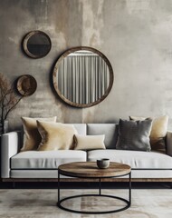 Stylish living room details and modern design with sofa, details of coffee table and mirror accents