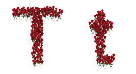 Concept or conceptual set of beautiful blooming red roses bouquets forming the font T. 3d illustration metaphor for education, design and decoration, romance and love, nature, spring or summer.