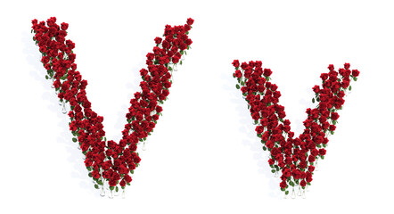 Concept or conceptual set of beautiful blooming red roses bouquets forming the font V. 3d illustration metaphor for education, design and decoration, romance and love, nature, spring or summer.
