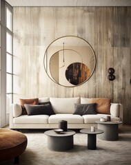 Stylish living room details and modern design with sofa, details of coffee table and mirror accents